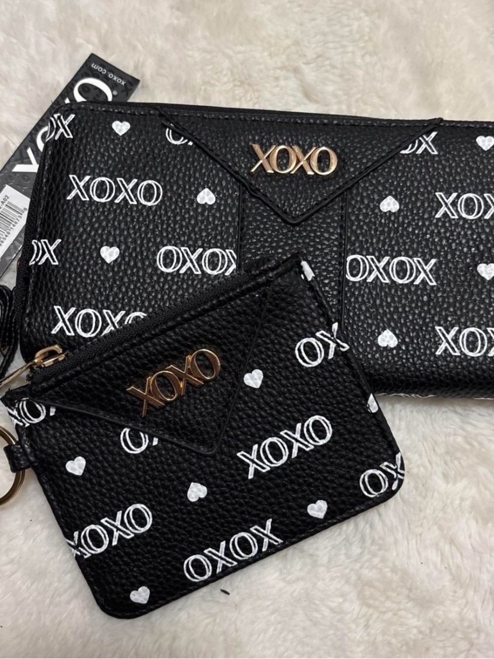 XOXO Black Wallet and Card Pouch Set with White Logo Hearts